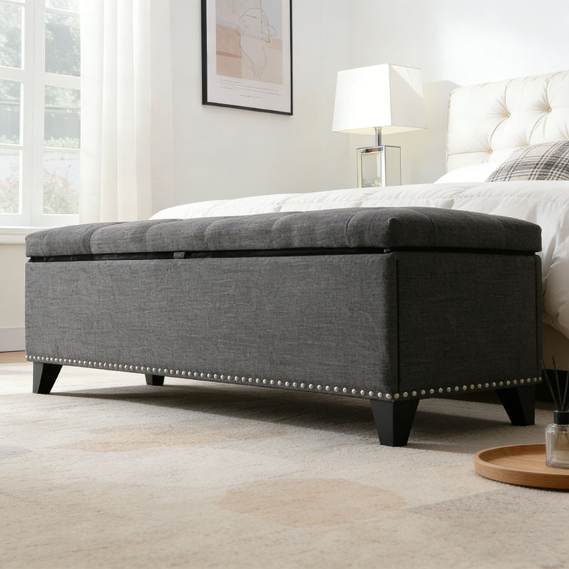 47.5" Storage Ottoman, Linen Storage Bench, DARK GREY