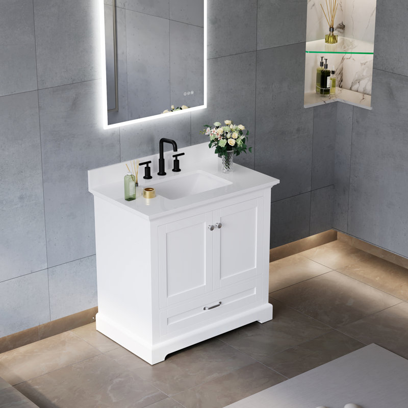 Meuble-lavabo sur pied l 36 po x H 34,2 po avec comptoir en marbre de culture blanc pur et lavabo simple, Blanc, 36"