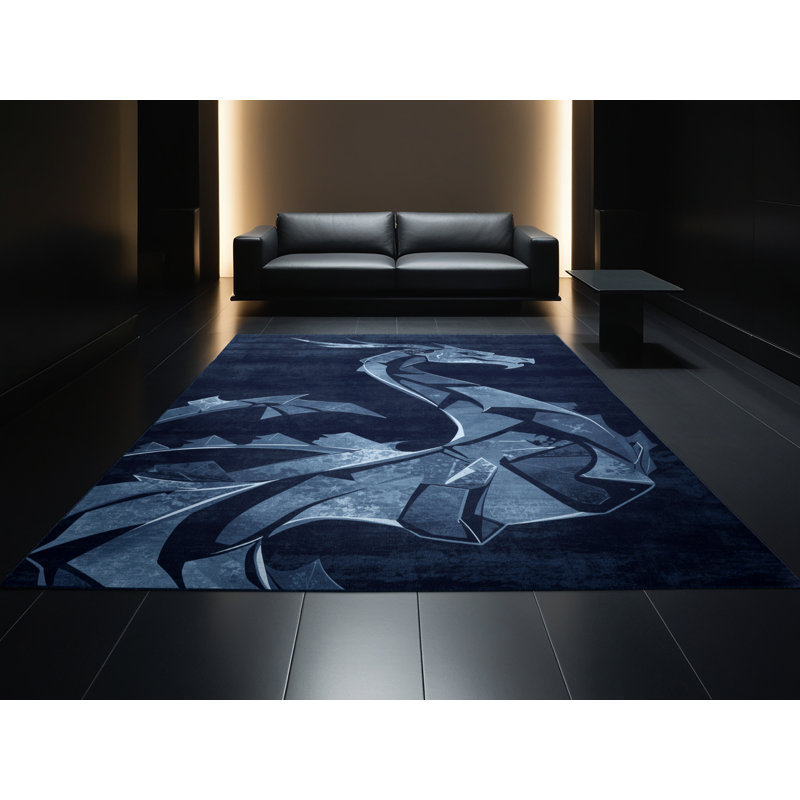 Tapis bleu moderne et contemporain lavable à la machine Dragon Chaplin, 6x9