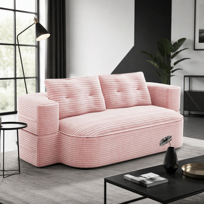 Canapé-lit pliable 78,7 po 2-en-1 avec couverture et 2 coussins, velours côtelé moelleux, Velours bébé rose