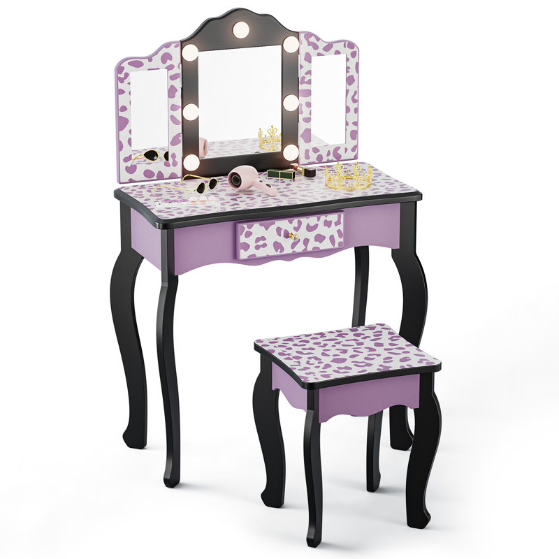 Kids MDF Vanity Table Set In Purple With 1 Drawer With 3-Color Dimmable LED Bulb, Black/Purple