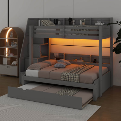 Twin Over Full Bunk Bed With Trundle Bed & Storage Steps, Full-Length Safety Rails, Built-In Storage & USB Charging Ports