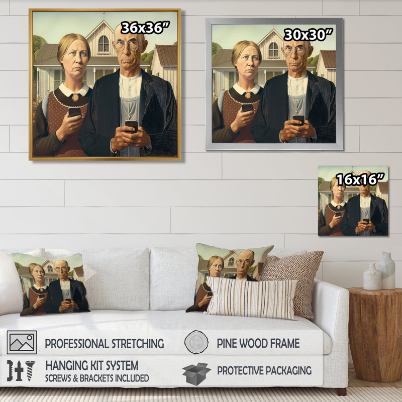 Couple de gothique américain avec le dernier téléphone intelligent - Couple, art mural, Toile avec cadre flottant noir