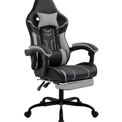 Fauteuil de jeu en cuir noir et gris avec massage ergonomique incurvé, massage lombaire, 360 roues rotatives, réglable 90 - 135, repose-pieds rétractable, et support, matériau d'inclinaison