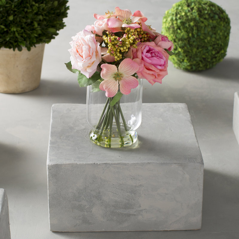 10-Inch Pink Rose and Berry Glass Vase Arrangement