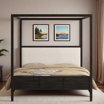 Lit plateforme à baldaquin en bois avec tête de lit tapissier