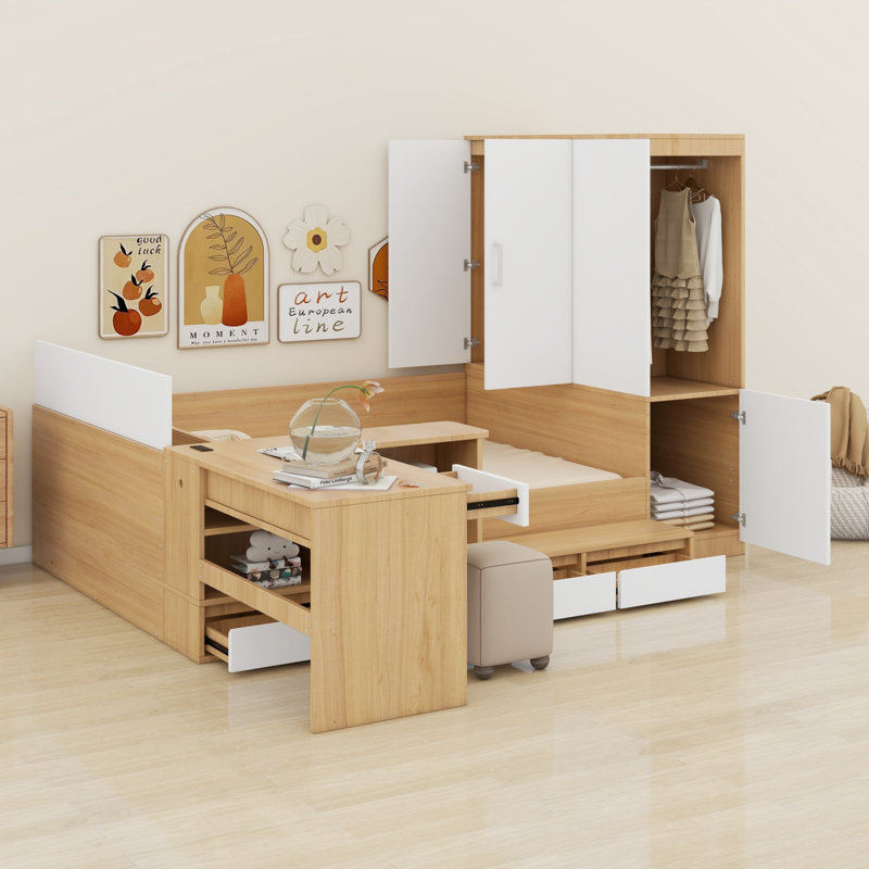 Lit plateforme avec tiroirs, tablettes, bureau et garde-robe, Naturel