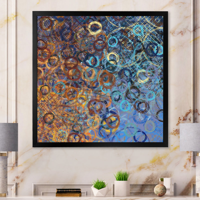 «Brown and Blue Grunge Circle Art», reproduction d'art sur toile encadrée, H 16 po x l 16 po x P 1 po, Cadre noir
