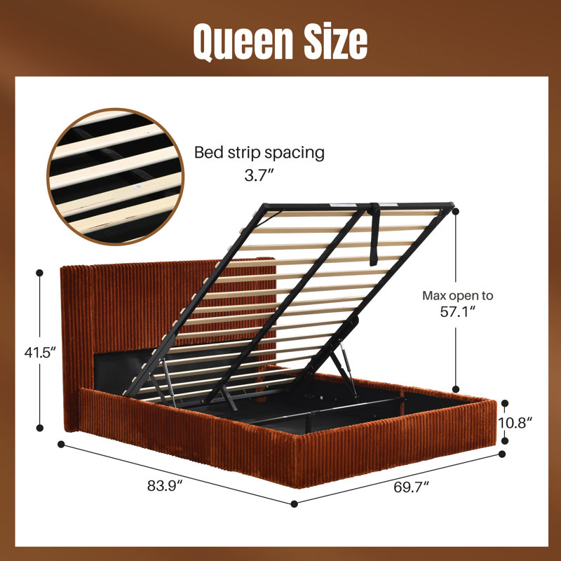 Hydraulic Lift Up Storage Upholstered Platform Bed, Ocher, Queen