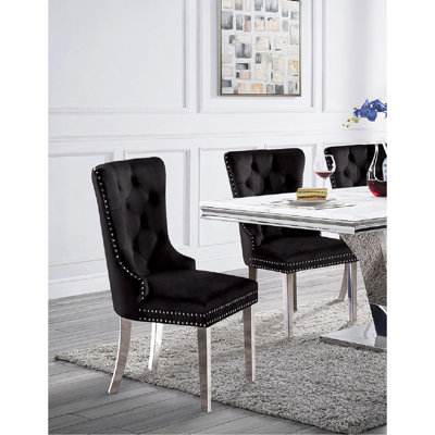 Contemporary Black Color Flannelette 2Pcs Side Chairs Button-Tufted Upholstered Dining Chairs Wingback Design Furniture Set