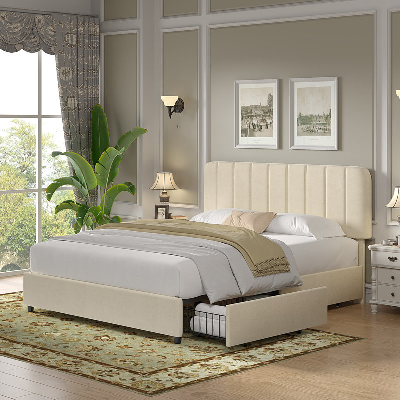 Double Size Upholstered Beds, Modern Platform Bed Frame With Adjustable Headboard And 4 Storage Drawers, Wooden Slats Support, No Box Spring Needed