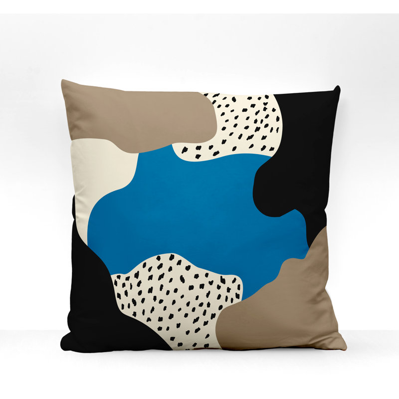 Coussin décoratif intérieur / extérieur en polyester filé Jada, 15 po x 15 po, Turquoise / blanc cassé / beige / noir