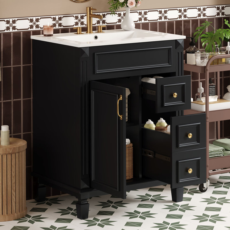Meuble-lavabo 24 po avec lavabo en céramique, petite armoire de salle de bain moderne, 2 tiroirs et tablette réglable, Black