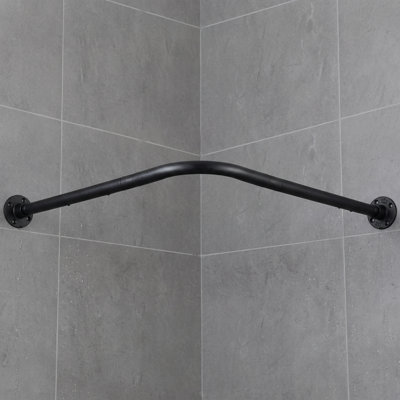 This wall-mounted half circle L shaped shower curtain rod adjusts from 23.6"-33.5" x 23.6"-33.5"; drilling is required, and the corner design is intended for bathrooms, clothing stores, locker rooms, and private spaces.