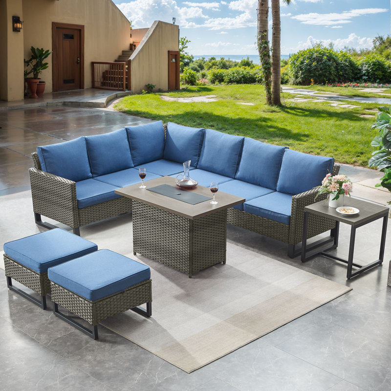 5 - Piece Outdoor Sectional Seating Group With Fire Pit With Cushions, Gray, Blue