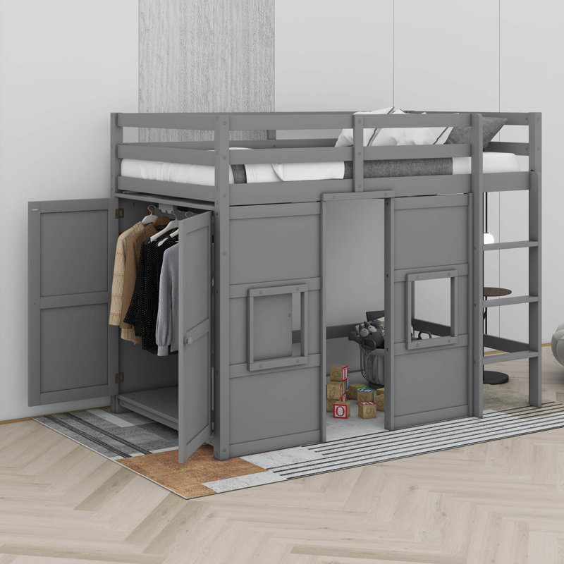 Jasibe Wood Twin Size Loft Bed with Built-in Storage Wardrobe and 2 Windows, Gray