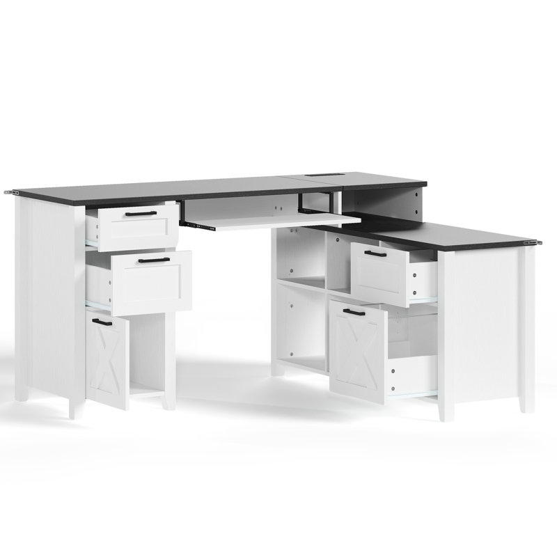 Office L-Shaped Executive Desk With 3-In-1 Charging Station & RGB LED Keyboard Tray & Adjustable File Storage Space