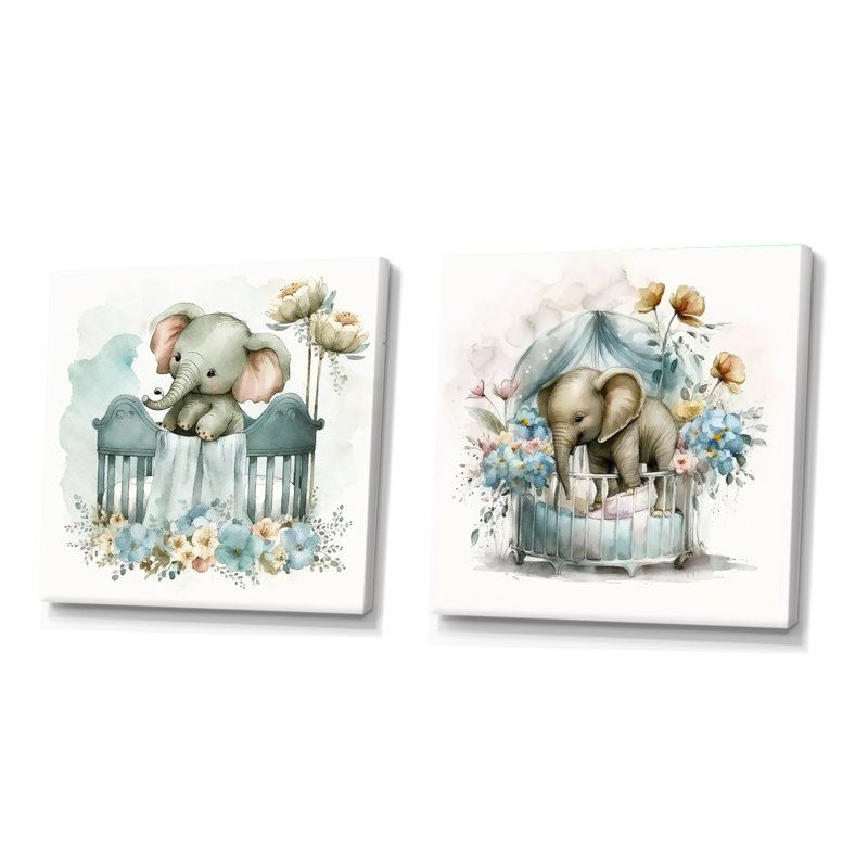 Bébé éléphant dans un lit de bébé avec fleurs - ensemble de 2 animaux carrés, H 16 po x l 33 po, Toile tendue