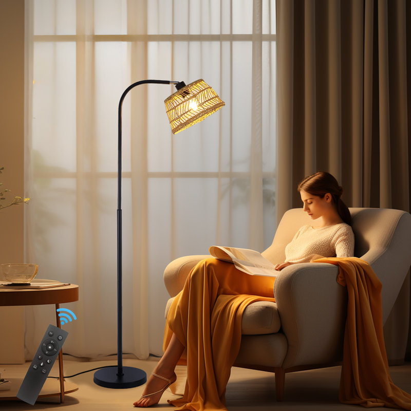 Alexcya 63'' Black Rattan Arched Floor Lamp with Remote Control and Dimmable Bulb Included
