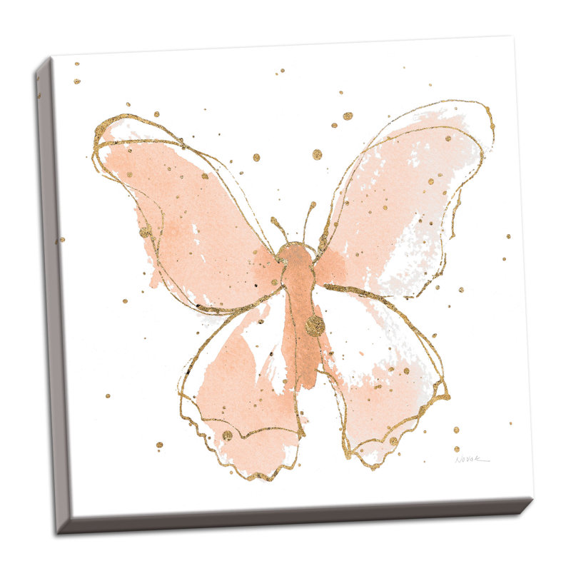 Papillons dorés II, aquarelle rosée, Toile tendue, H 16 po x l 16 po x P 0,75 po
