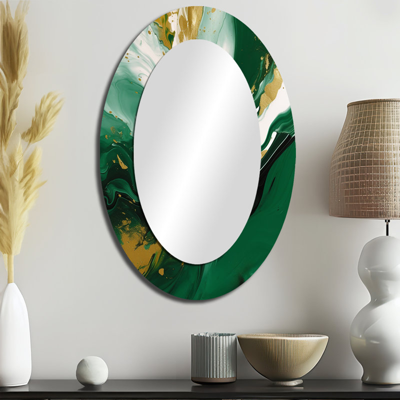 Vert et or liquide Magic II - miroir décoratif ovale abstrait sur métal, 36 po x 24 po