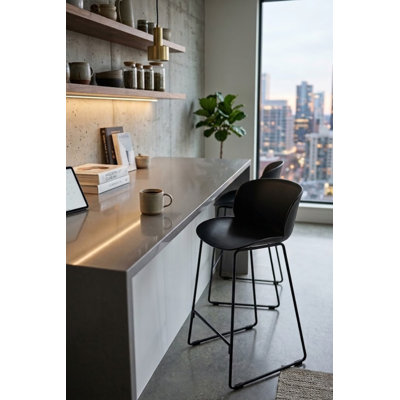     Pangea Home Cal Lucillie 29.5" Bar Stool - Modern Bar Stools – Mid-Century Modern Bar Stool with Footrest - Monochromatic - Kitchen, Dining, Bar Room - Set of 2 Black Bar Stools