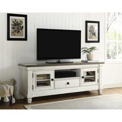 Meuble télé en bois avec rangement latéral, finition blanc antique et brun rosé pour tablette