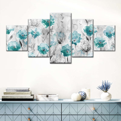 Ensemble de 5 fleurs abstraites sarcelle coquelicots sur toile