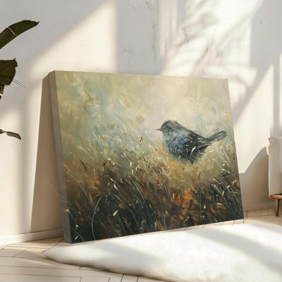 Reproduction d'oiseau bleu marine rétro printanier neutre, peinture Earthy Summer, décor de ferme beige, cadre en bois massif, 16 po x 24 po