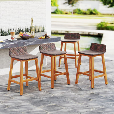 Solid Acacia Wood Bar Stools Rattan Bar Height Patio Chairs for Porch