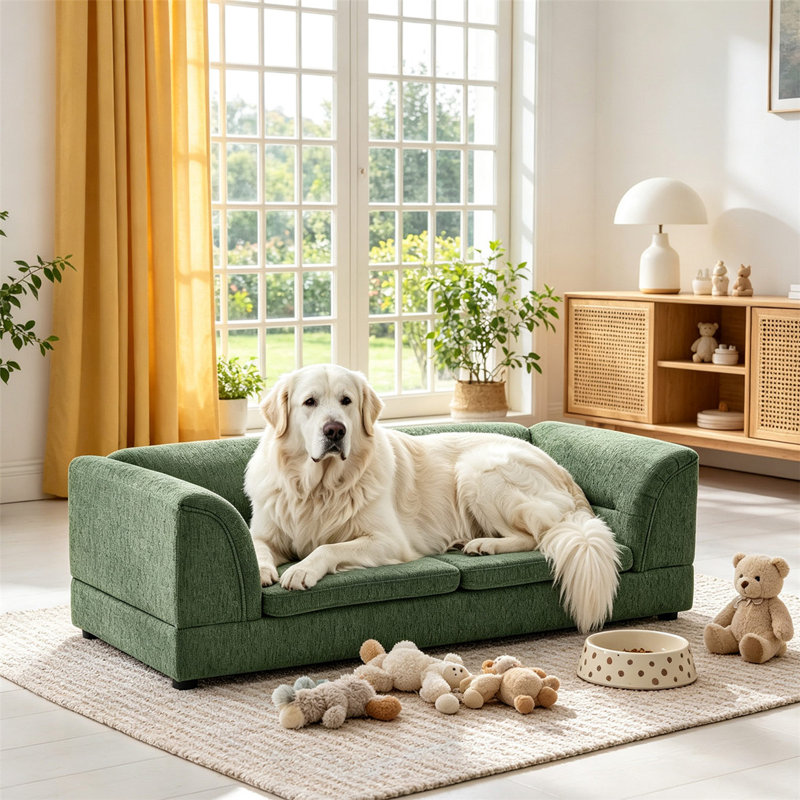 Oversized Linen Pet Sofa For Large & Oversized Dogs, Rectangular Design With Backrest, Armrests And Cushion, Olive Green