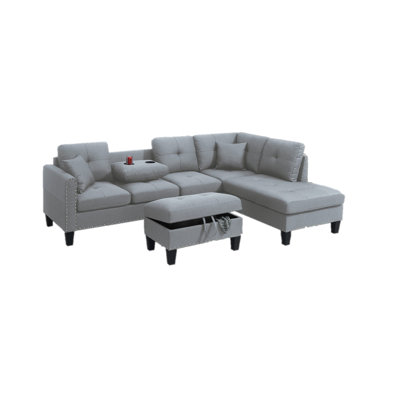 Living Room Furniture 3-PCS Sectional Sofa Set LAF Sofa RAF Chaise And Storage Ottoman Cup Holder Taupe Grey Color Linen-Like Fabric Couch