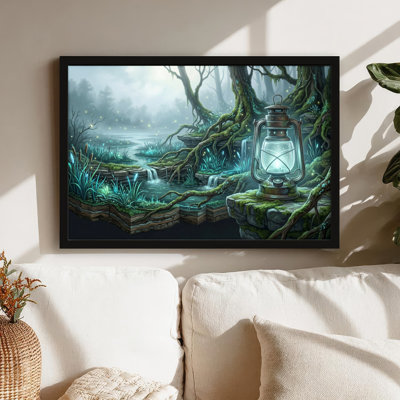 Toile noire encadrée en bois noir pour salon, chambre à coucher, bureau ou vestibule - décoration murale décorative avec forêt mystique