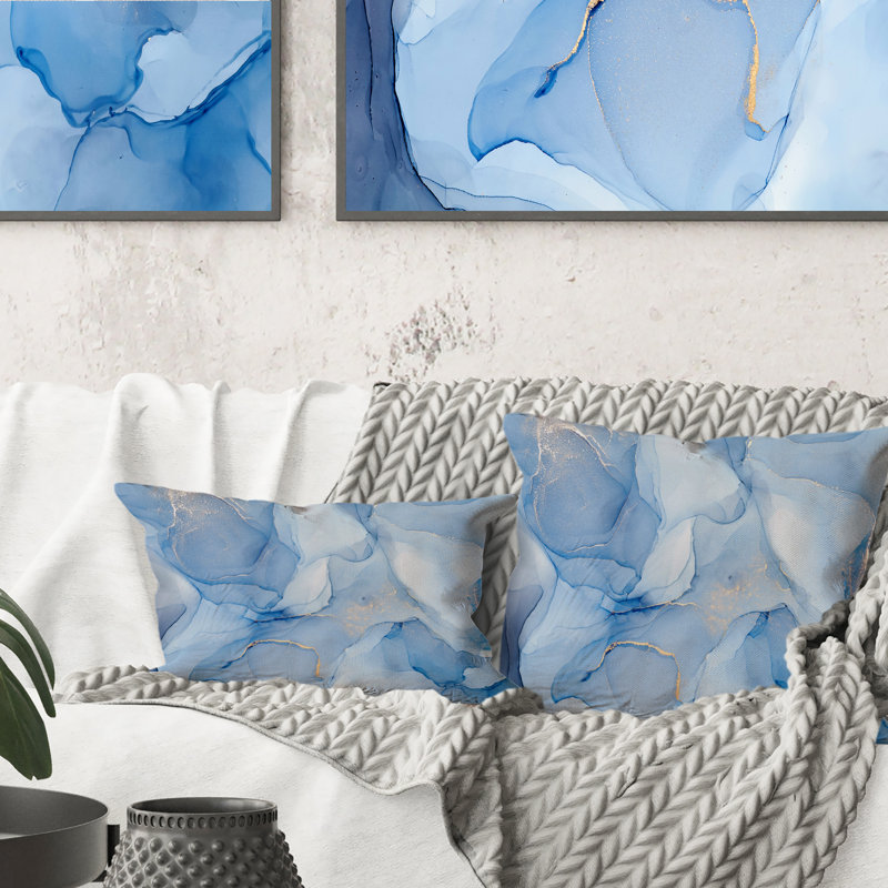 Art à encre liquide dans des tons de bleu clair I - Coussin décoratif imprimé moderne, 16 po x 16 po