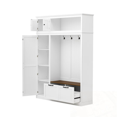 3-in-1 Hall Tree with Overhead Storage Cabinet, 3 Adjustable Side Shelves, 4 Heavy-Duty Hooks, 2 Spacious Drawers, Grooved Back Panel Design, Contrasting Seat Bench, Multifunctional Entryway Organizer