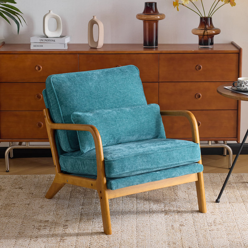 Mid Century Solid Wood Accent Chair Chenille Armchair, Teal