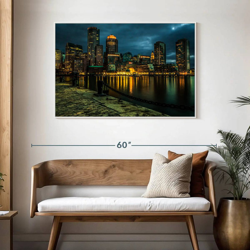 Silhouette de Boston la nuit, 46 po x 31 po, Cadre flottant blanc