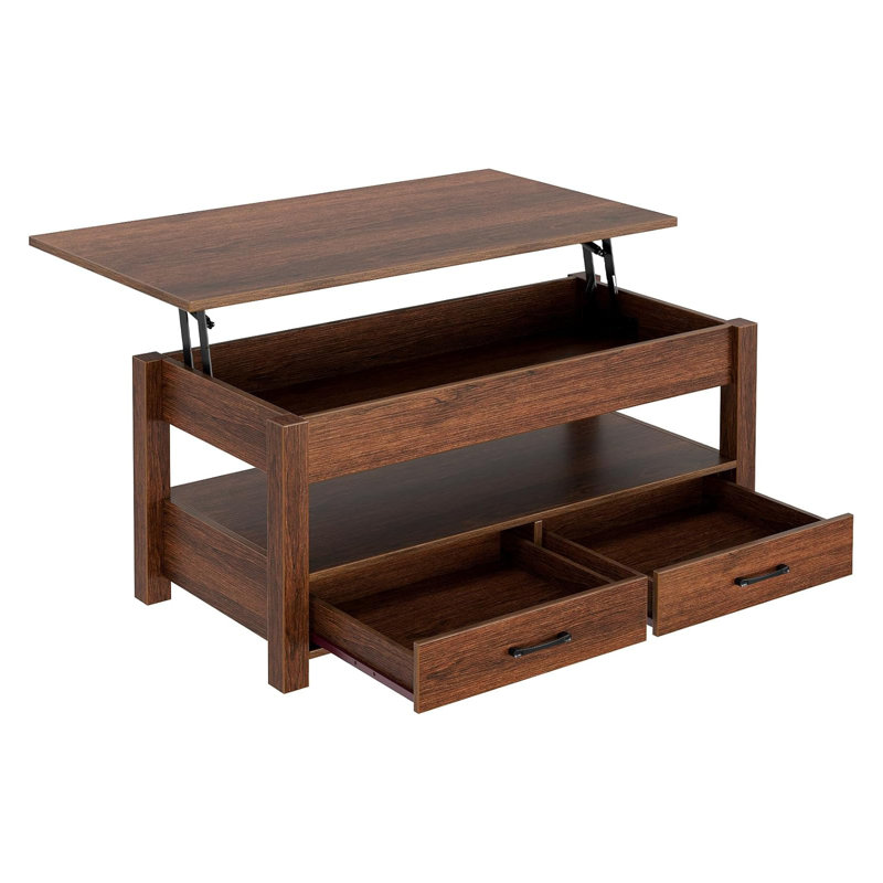 Table basse à plateau relevable avec tiroirs et rangement caché, table de salon de style industriel rétro avec hauteur réglable ergonomique et fabrication robuste