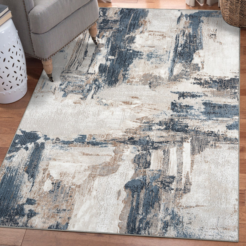 Tapis abstrait bleu / blanc, Rectangle 5 pi 2 po x 7 pi 2 po