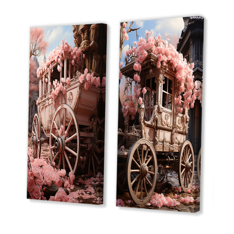 Romantisme, charriot de mariage rose, H 28 po x l 25 po, Toile tendue