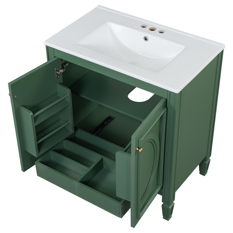 Meuble-lavabo de 30 po avec lavabo en céramique, 2 portes à fermeture douce, tablettes réglables, compartiments de rangement et tiroirs