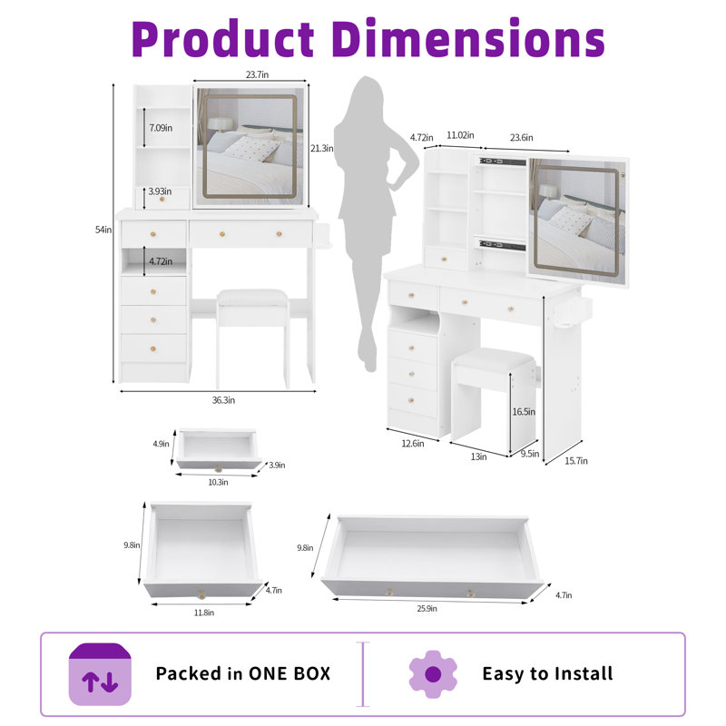 Vanity Desk Set with LED Sliding Mirror & Cushioned Stool, Dresser Set with 2 AC+2 USB Outlets & Hair Dryer Holder, Touch Control 3-Color Light for Bedroom