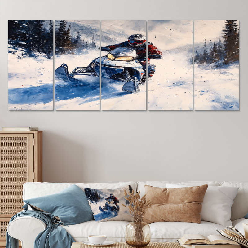 Motoneige bleue Hillcross accentuée de blanc II - ensemble d'art mural sport d'hiver, H 32 po x l 80 po