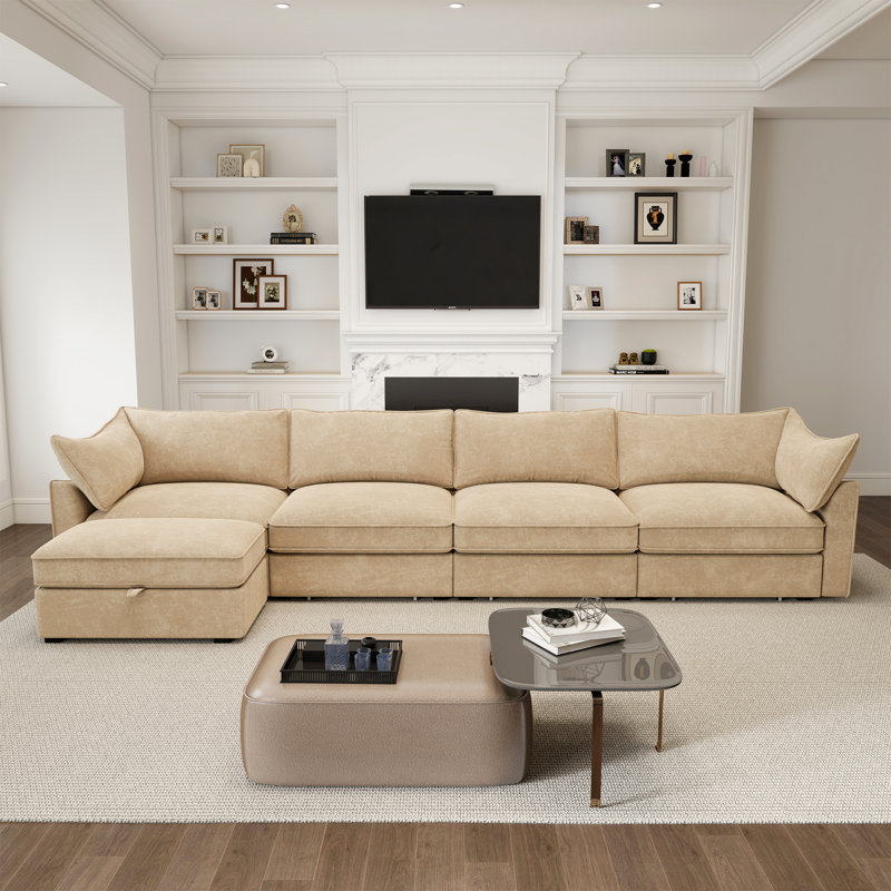 Canapé modulaire en forme de L, canapé avec 1 repose-pieds mobile, chenille, H 31,4 po x l 146,4 po x P 56,6 po, 4, Gris