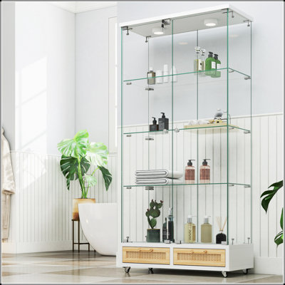 Vitrine moderne en verre avec grands tiroirs, lumières DEL et tablettes en verre trempé pour un rangement élégant
