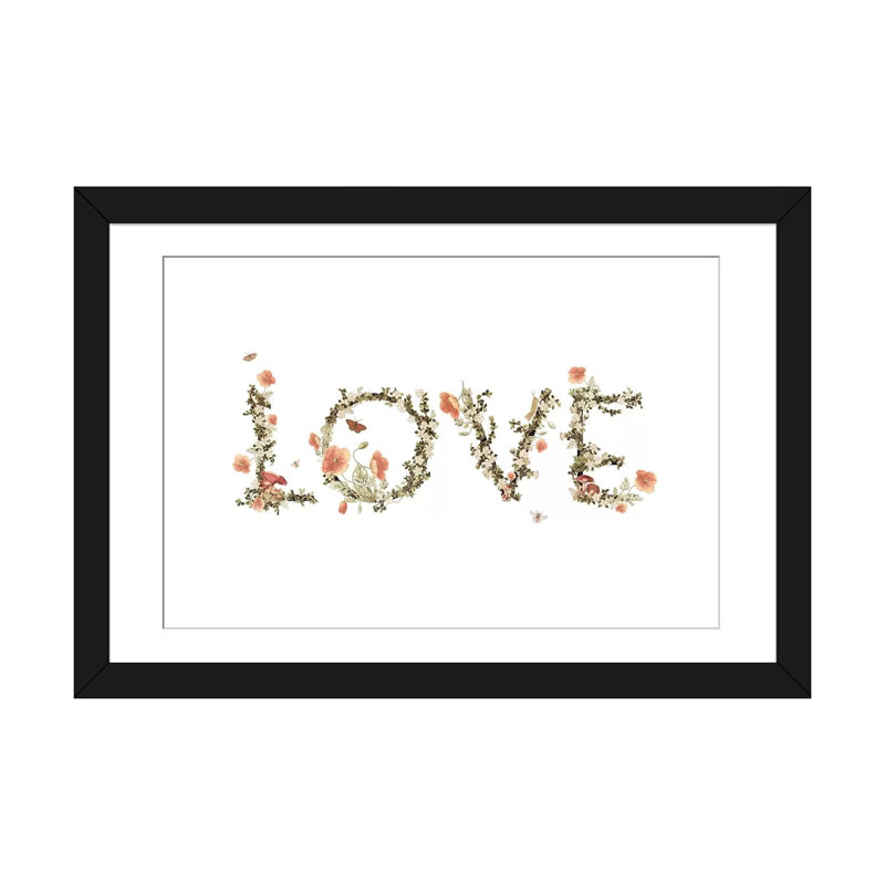 « love », art textuel sur toile, H 16 po x l 24 po x P 1 po, Papier d'art encadré noir, Blanc