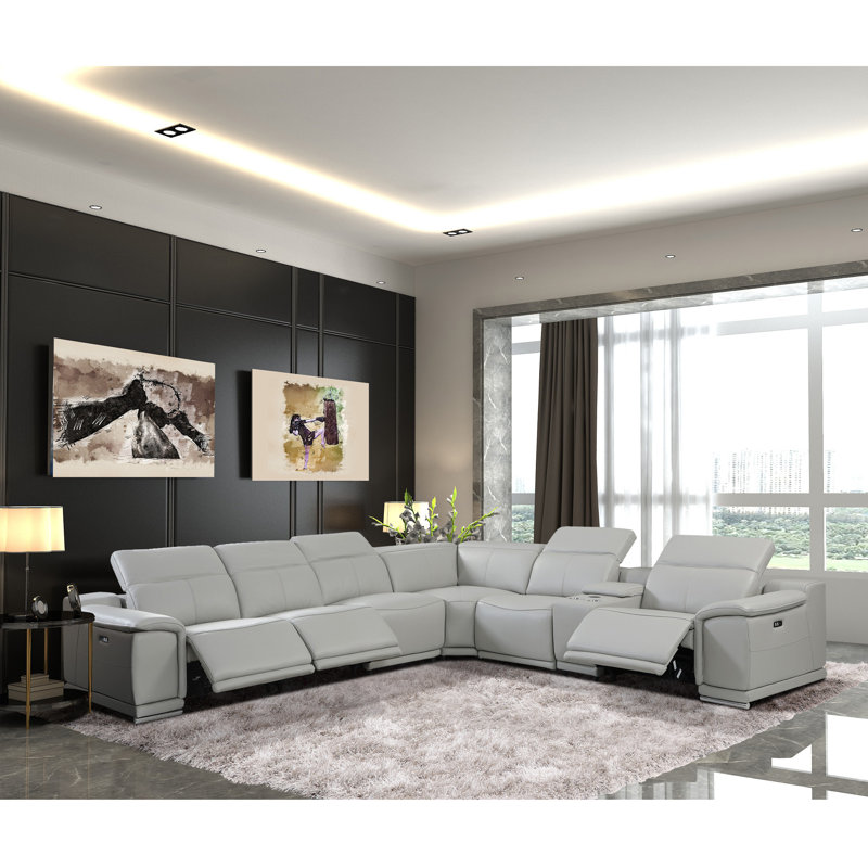 Zika 7PCS Modern Motion Reclining Sectional Sofa, Light Gray Genuine Leather