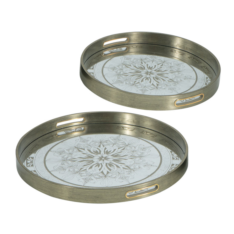 Round Silver Plastic Mirror Trays with Crest Motif - L:D17.5x1.5" S:D14.5x1.5"