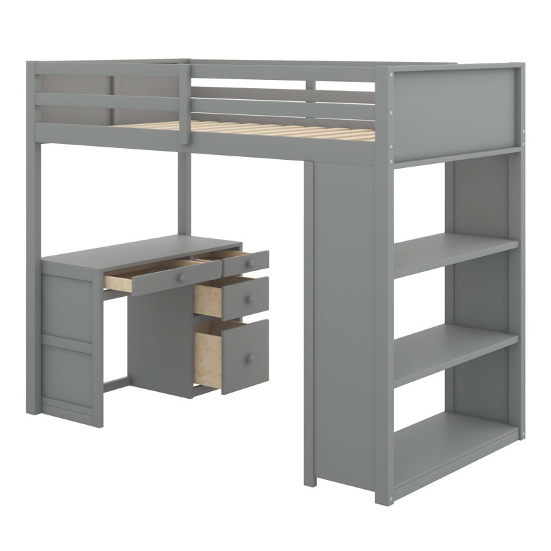 Sleek Loft Bed With Ladder & Shelves And Desk, Grey