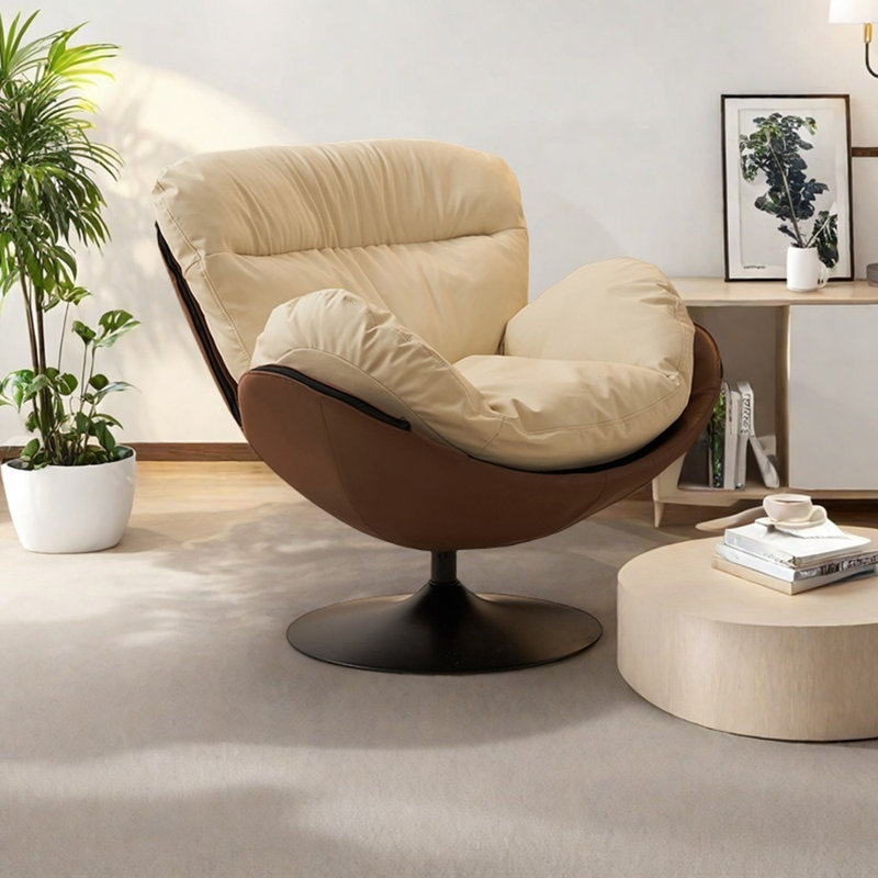 Chaise de loisir luxueuse pivotante et confortable, Beige / similicuir café, Jouet en coton / latex